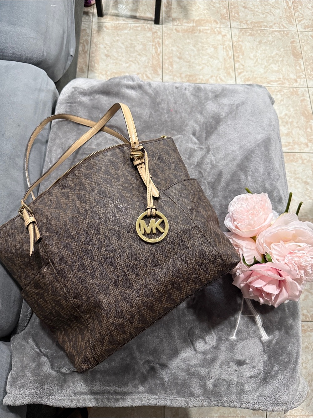 Michael Kors Brown Logo Tote with Gold MK Charm